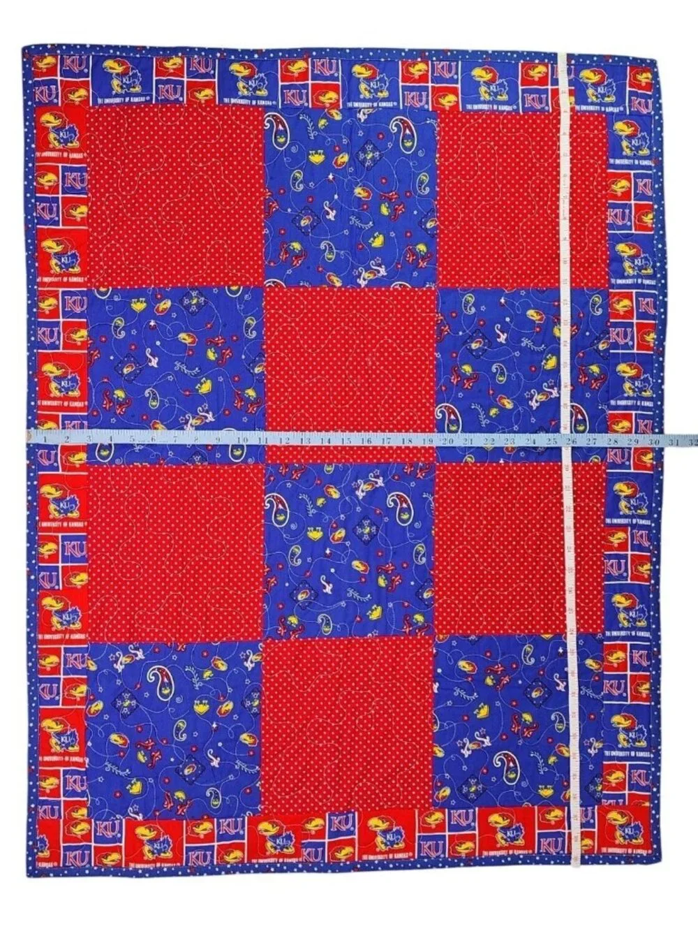 University Of Kansas Jayhawk KU Handmade Patchwork Baby Quilt Red Blue 39